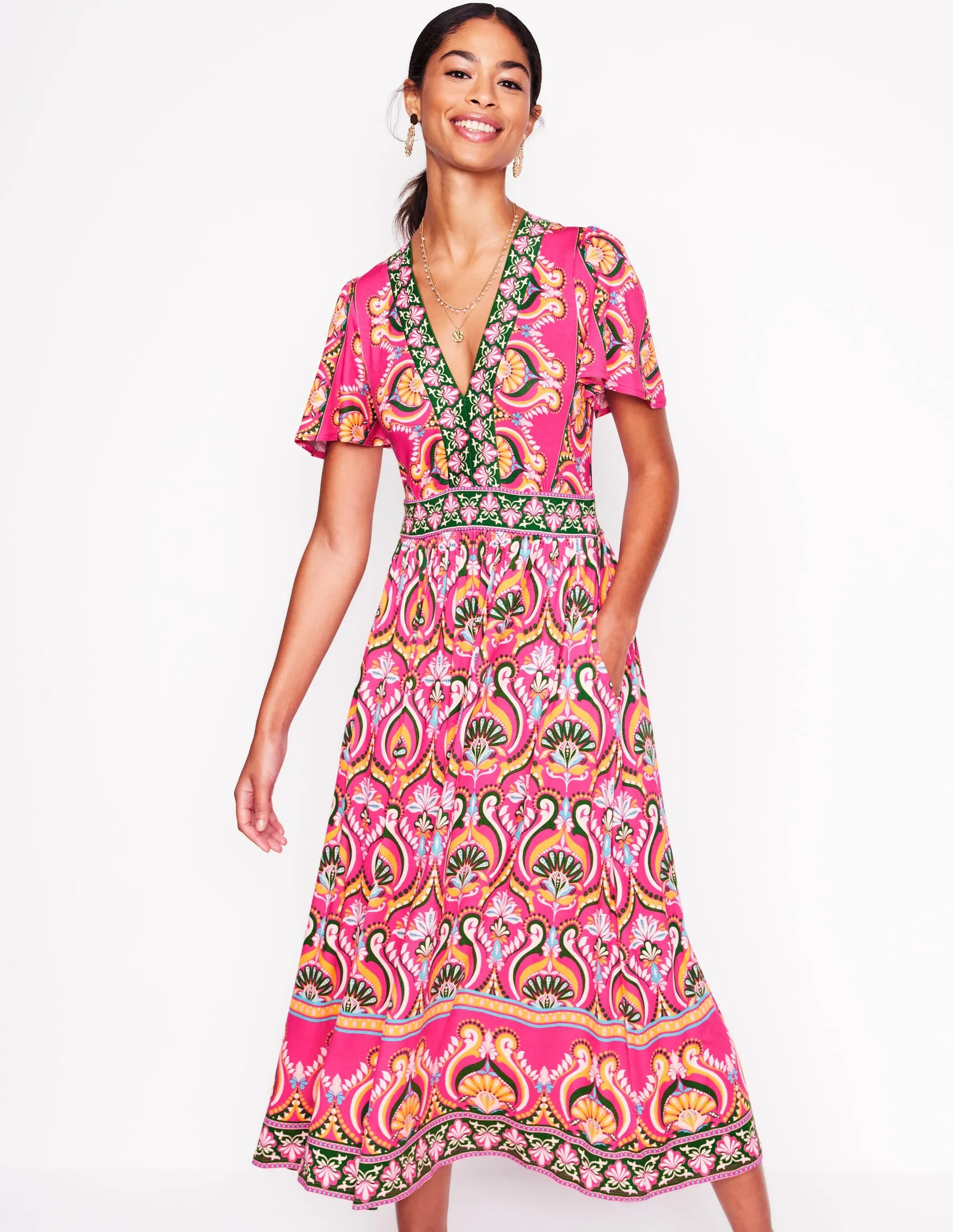 Ellie Flutter Maxi Tea Dress-Pink Peony. Ornamental Floral