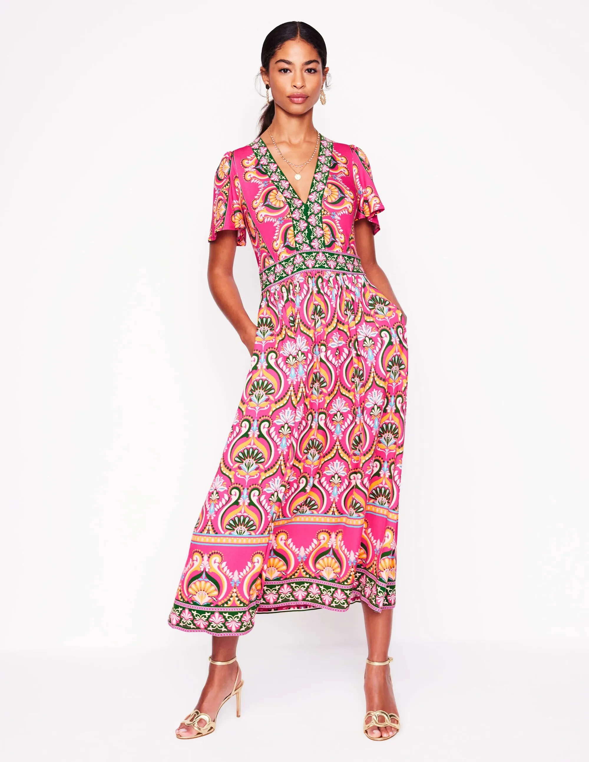 Ellie Flutter Maxi Tea Dress-Pink Peony. Ornamental Floral