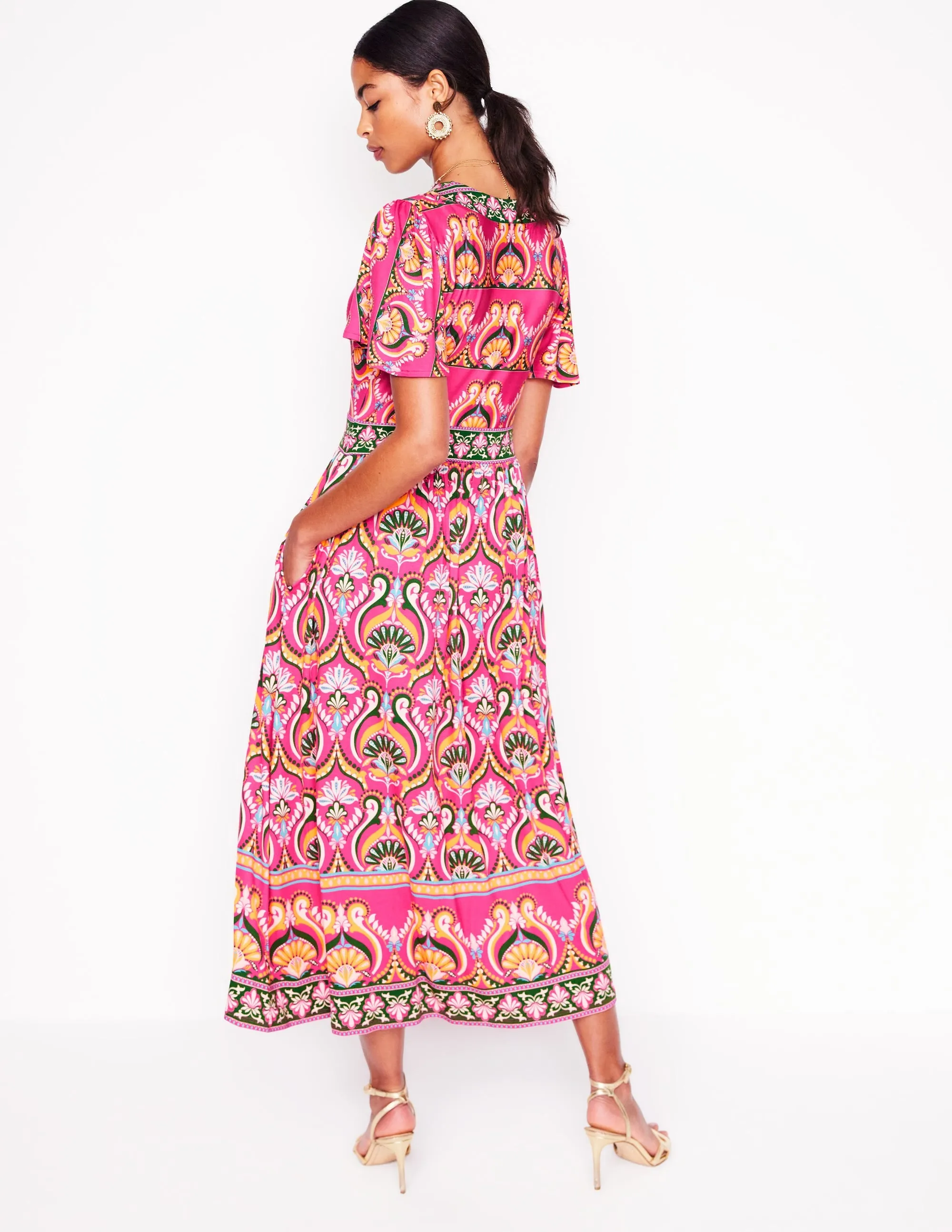 Ellie Flutter Maxi Tea Dress-Pink Peony. Ornamental Floral