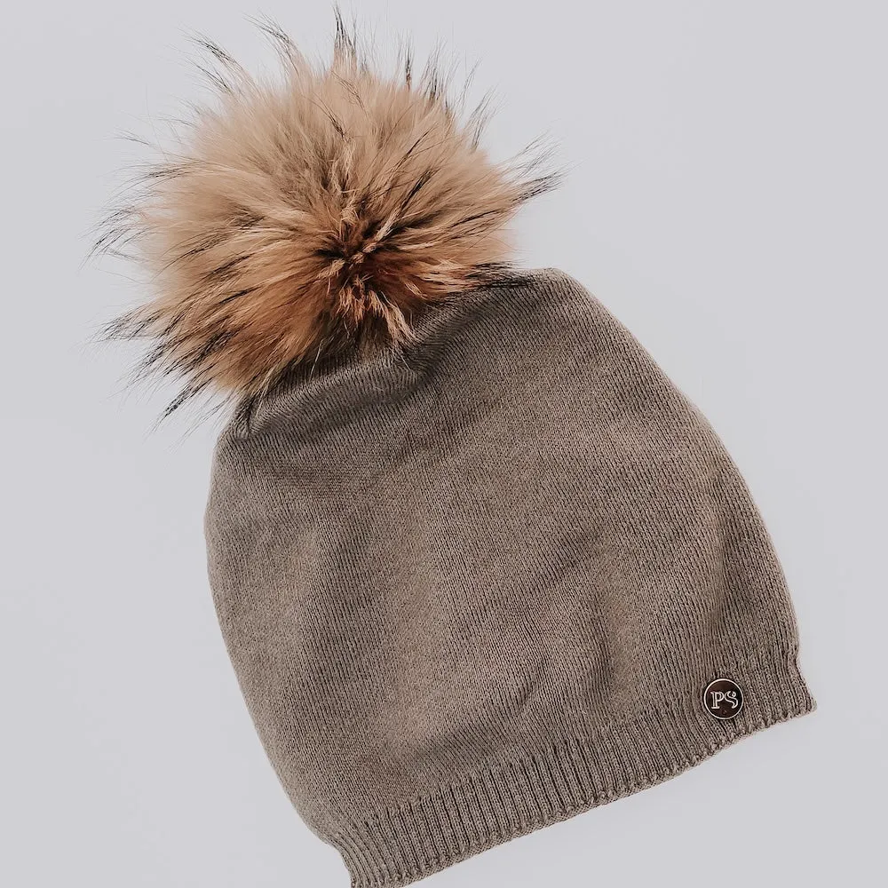 Fine Knit Fur Pom Slouchy Beanie