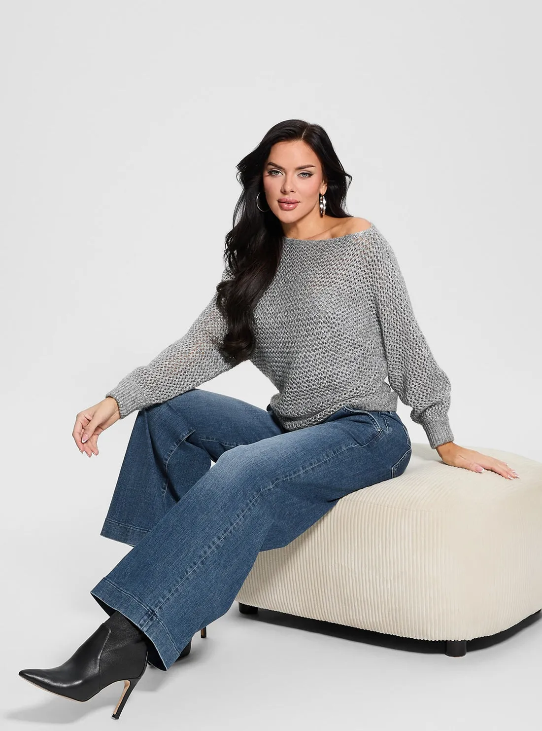 Grey Off Shoulder Knit Top