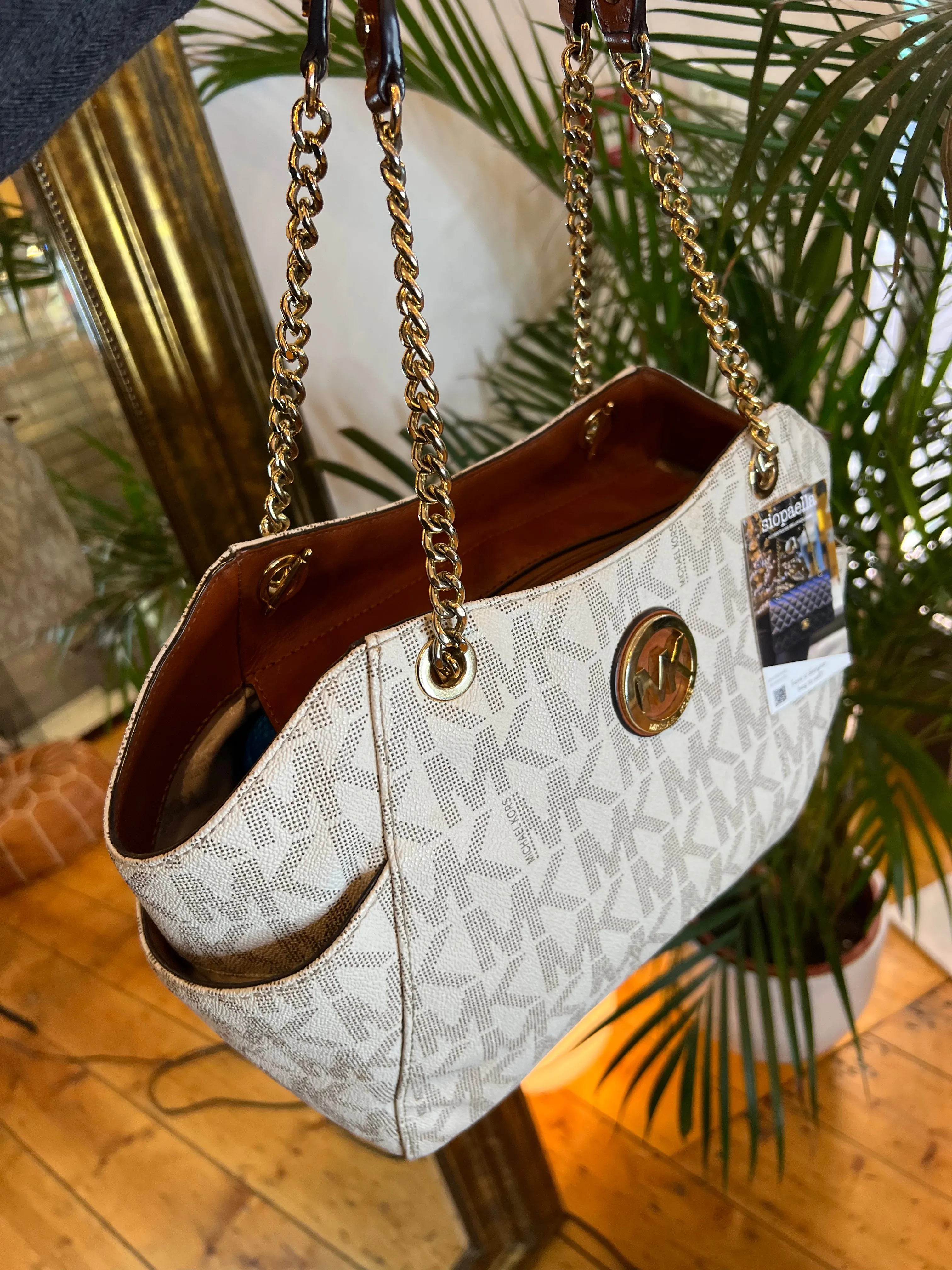 Michael Kors Cream Monogram Canvas Chain Tote