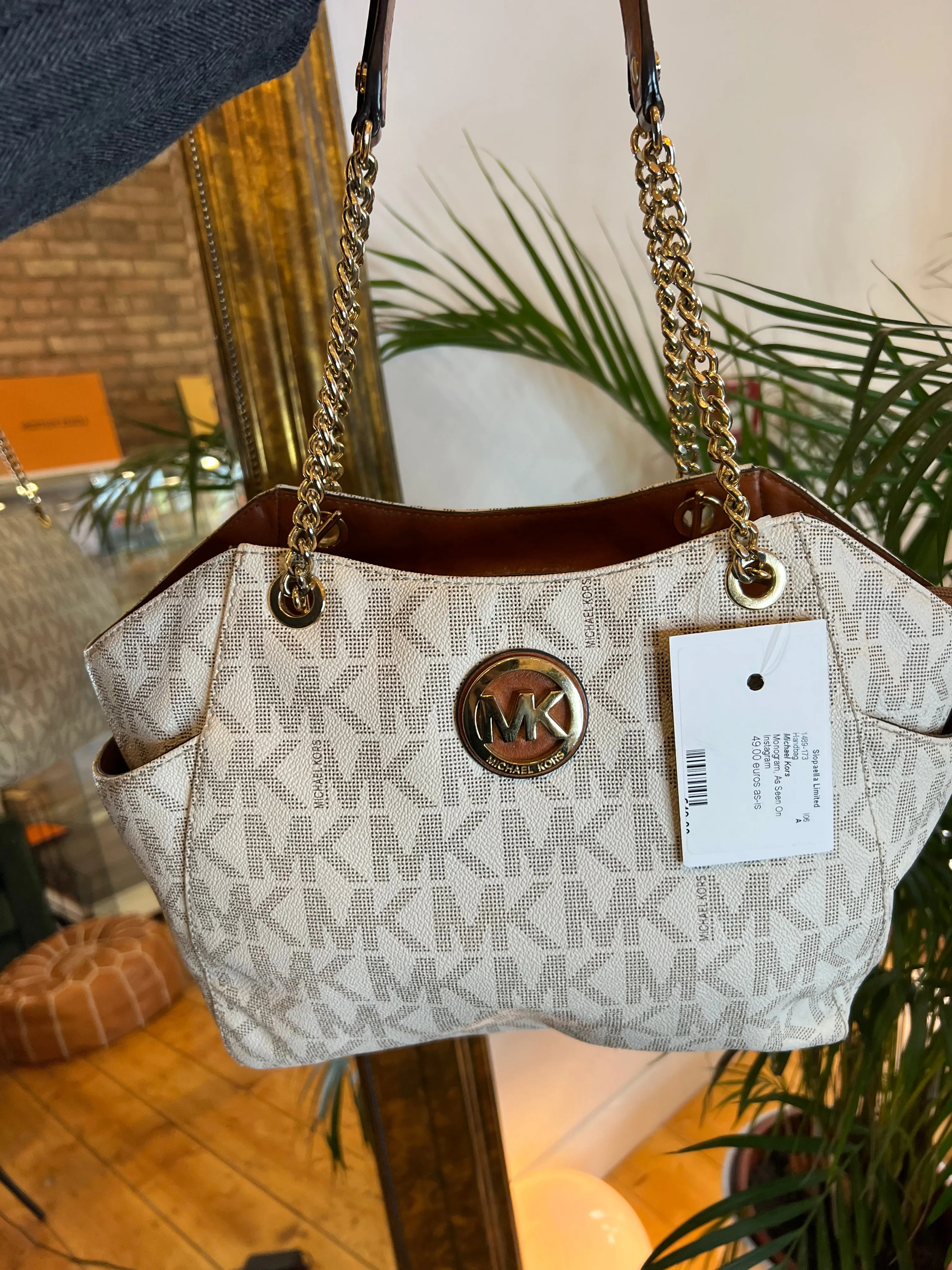 Michael Kors Cream Monogram Canvas Chain Tote