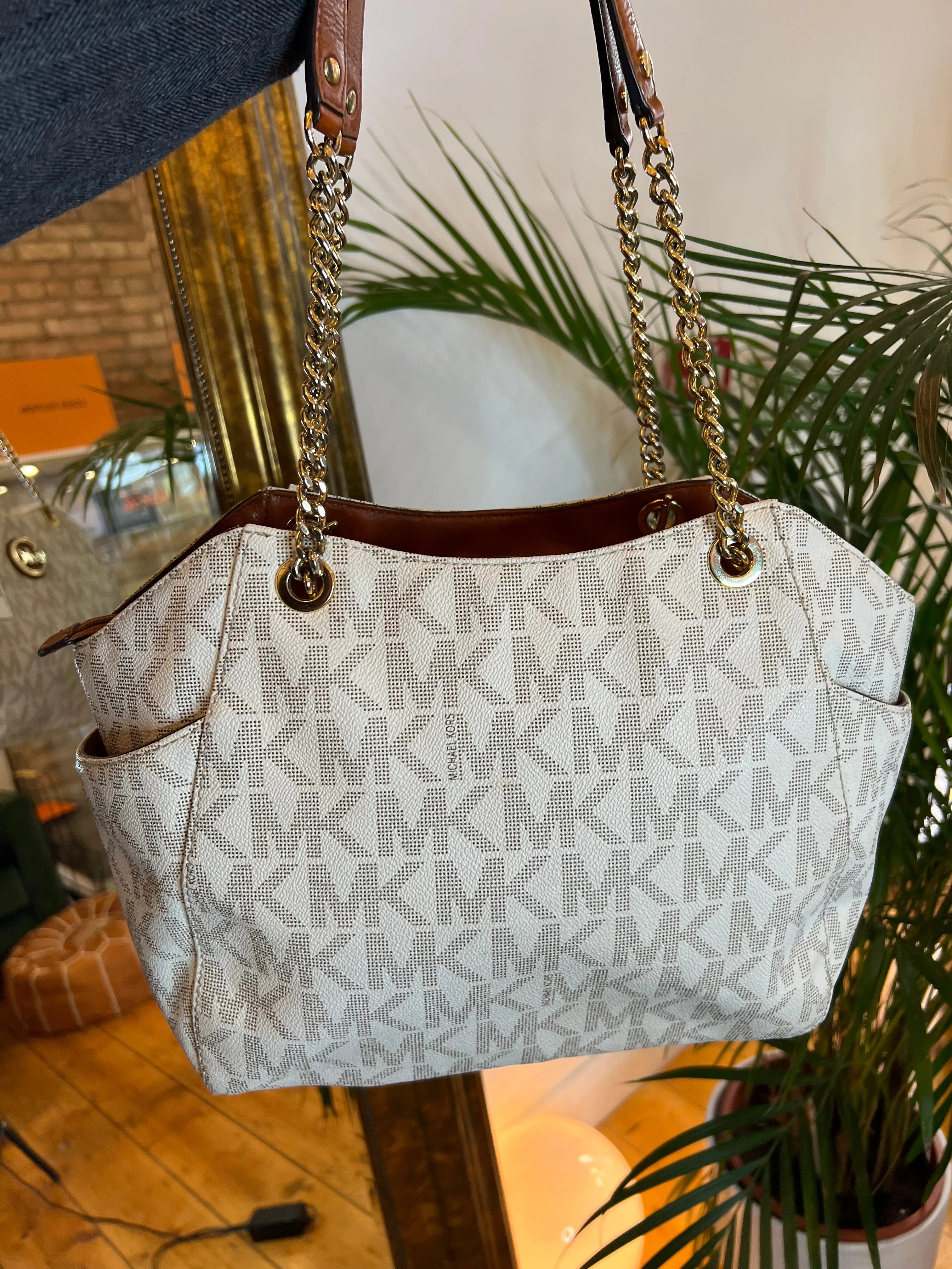 Michael Kors Cream Monogram Canvas Chain Tote