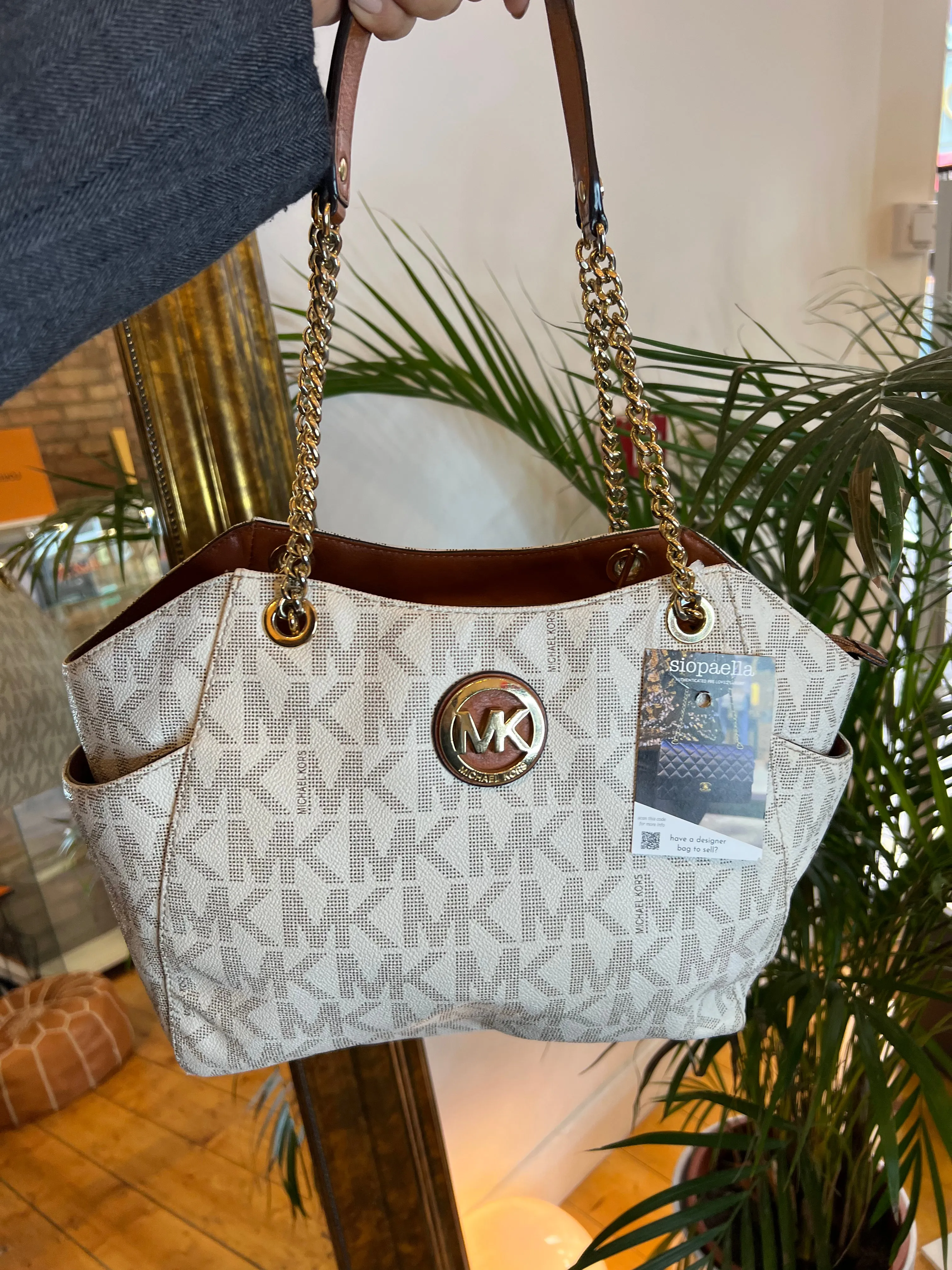 Michael Kors Cream Monogram Canvas Chain Tote