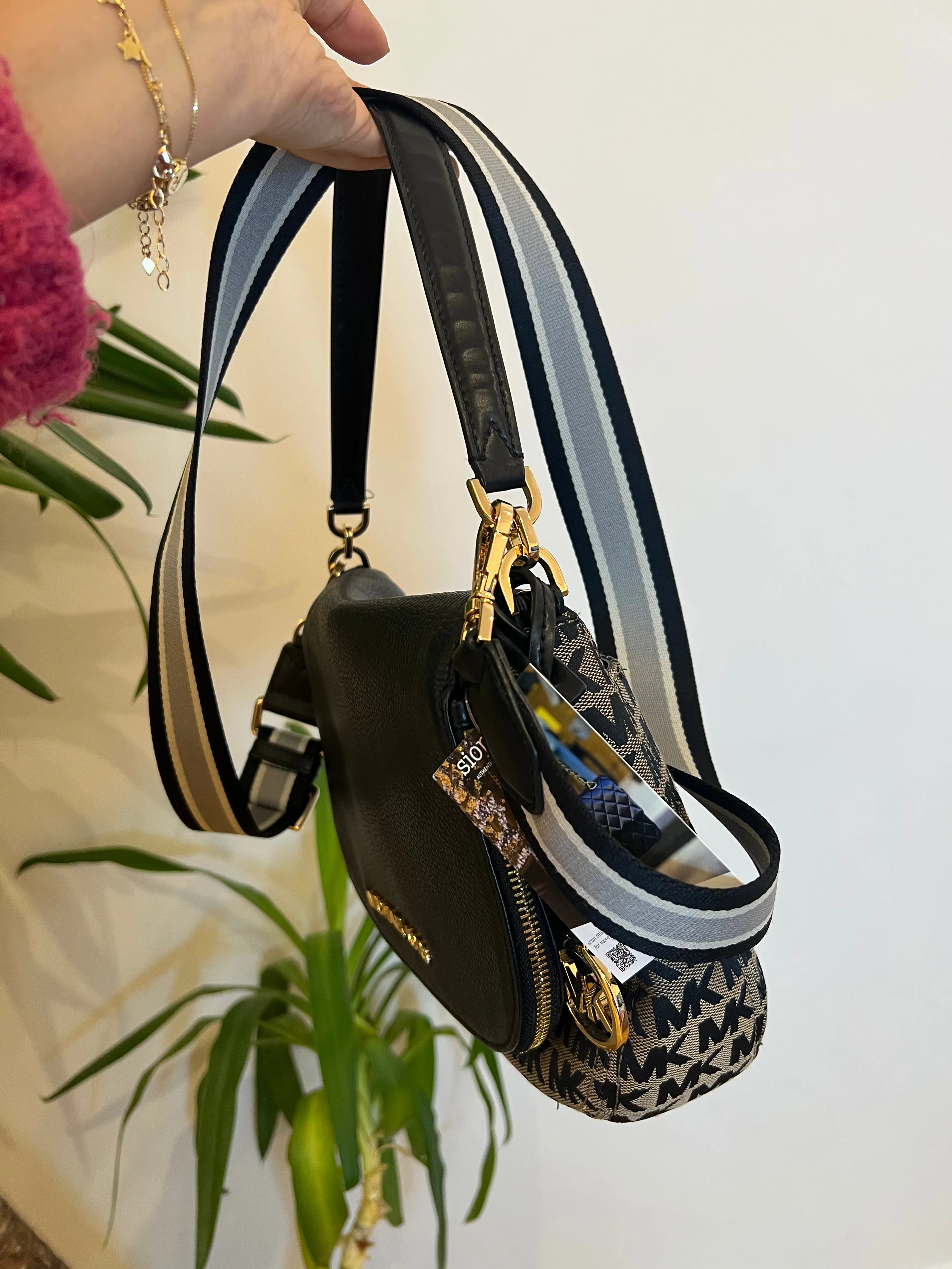Michael Kors Monogram Canvas & Black Leather Crossbody