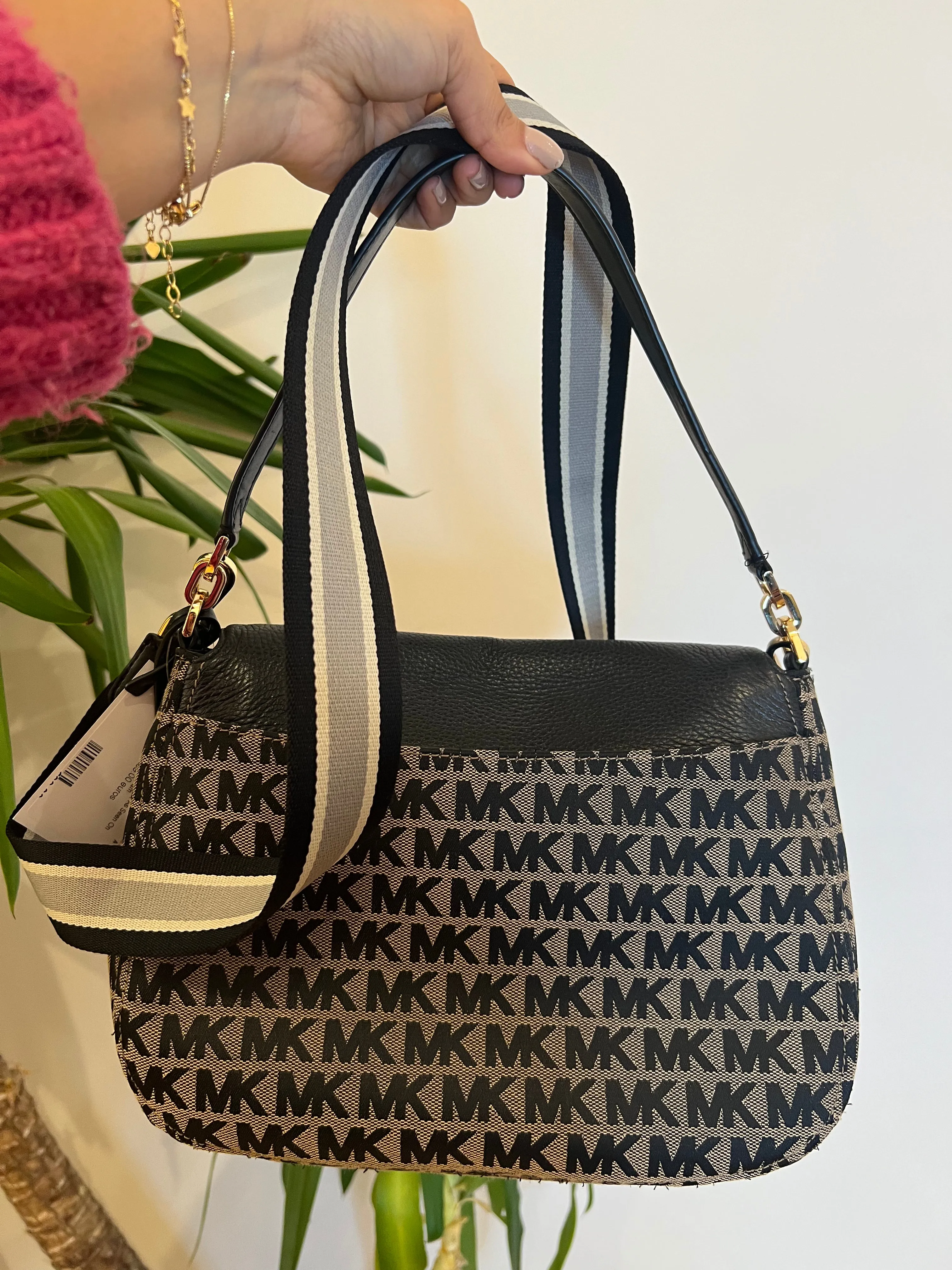 Michael Kors Monogram Canvas & Black Leather Crossbody