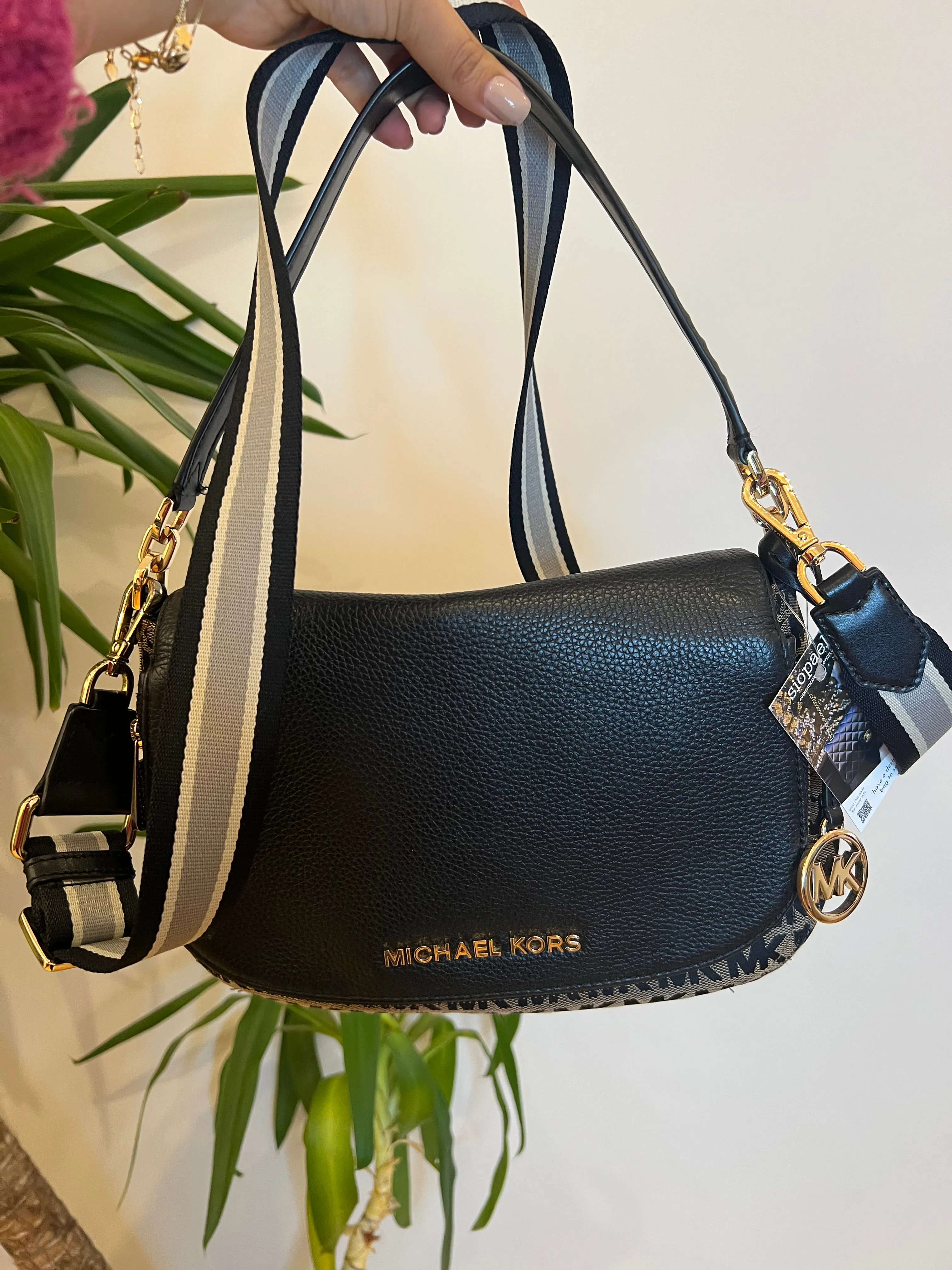 Michael Kors Monogram Canvas & Black Leather Crossbody