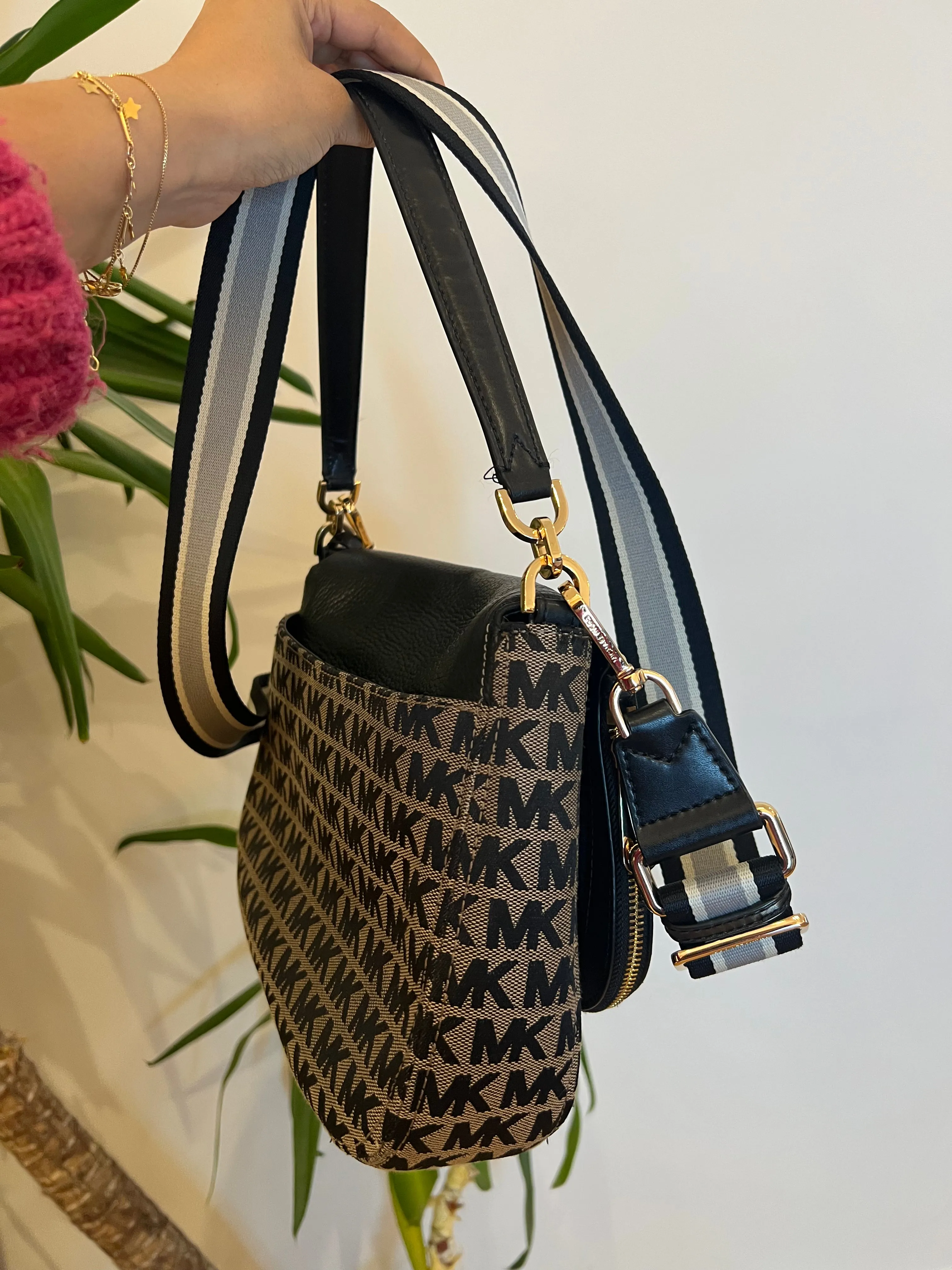 Michael Kors Monogram Canvas & Black Leather Crossbody