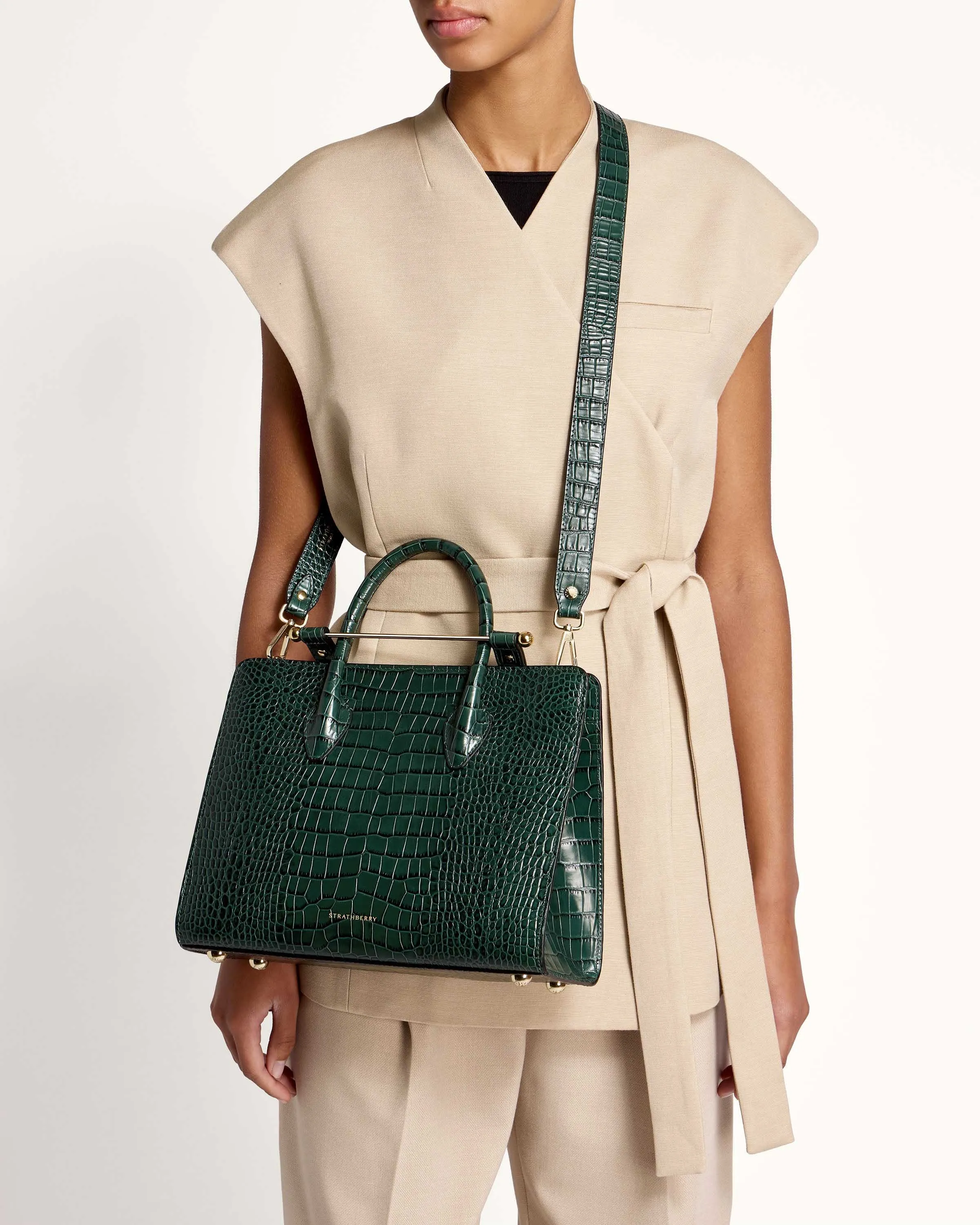 Midi Tote - Croc-Embossed Leather Bottle Green
