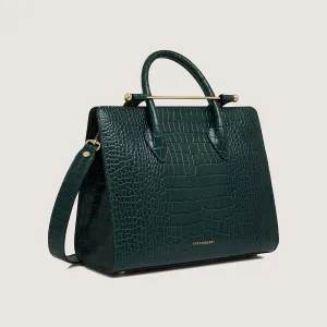 Midi Tote - Croc-Embossed Leather Bottle Green