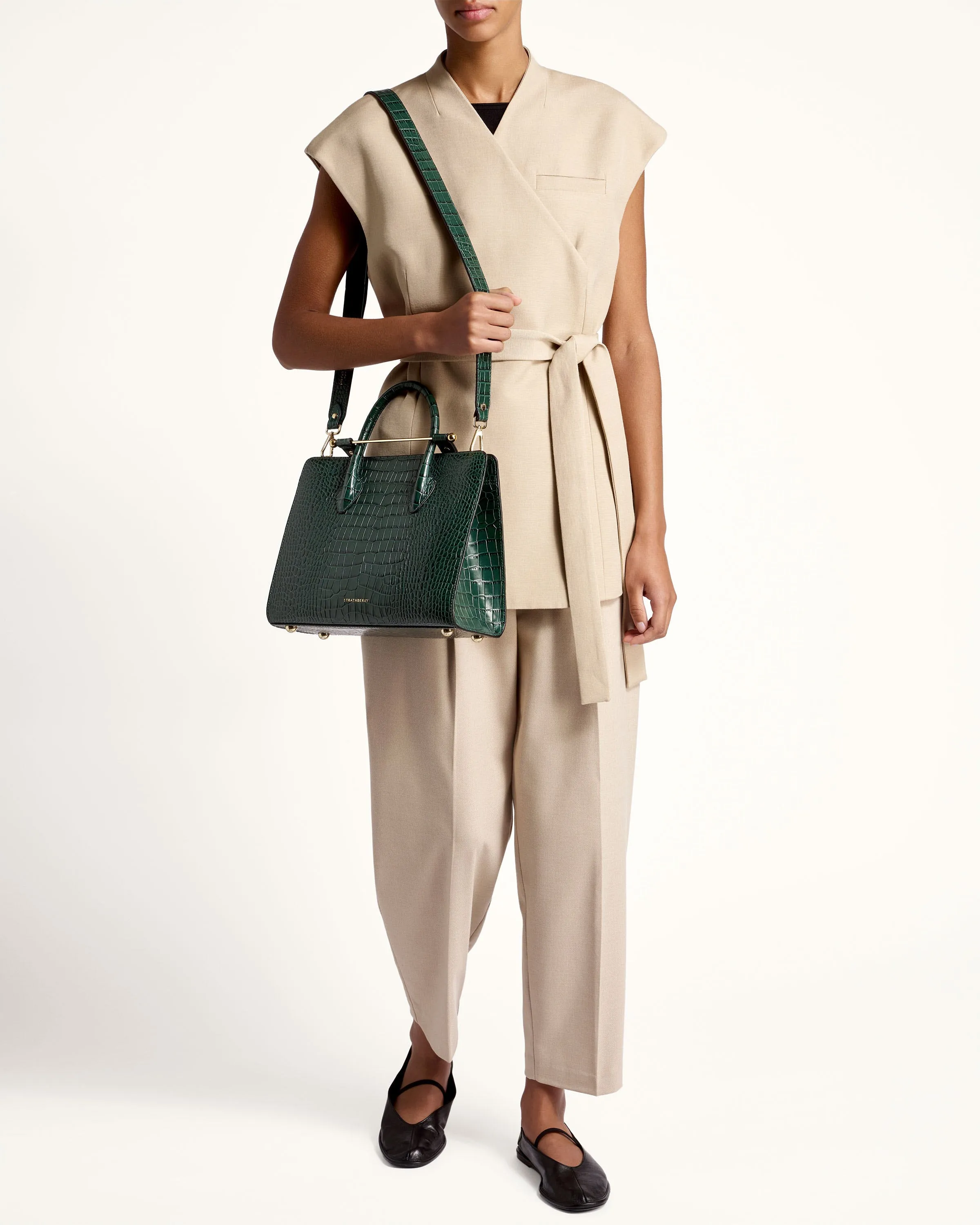 Midi Tote - Croc-Embossed Leather Bottle Green