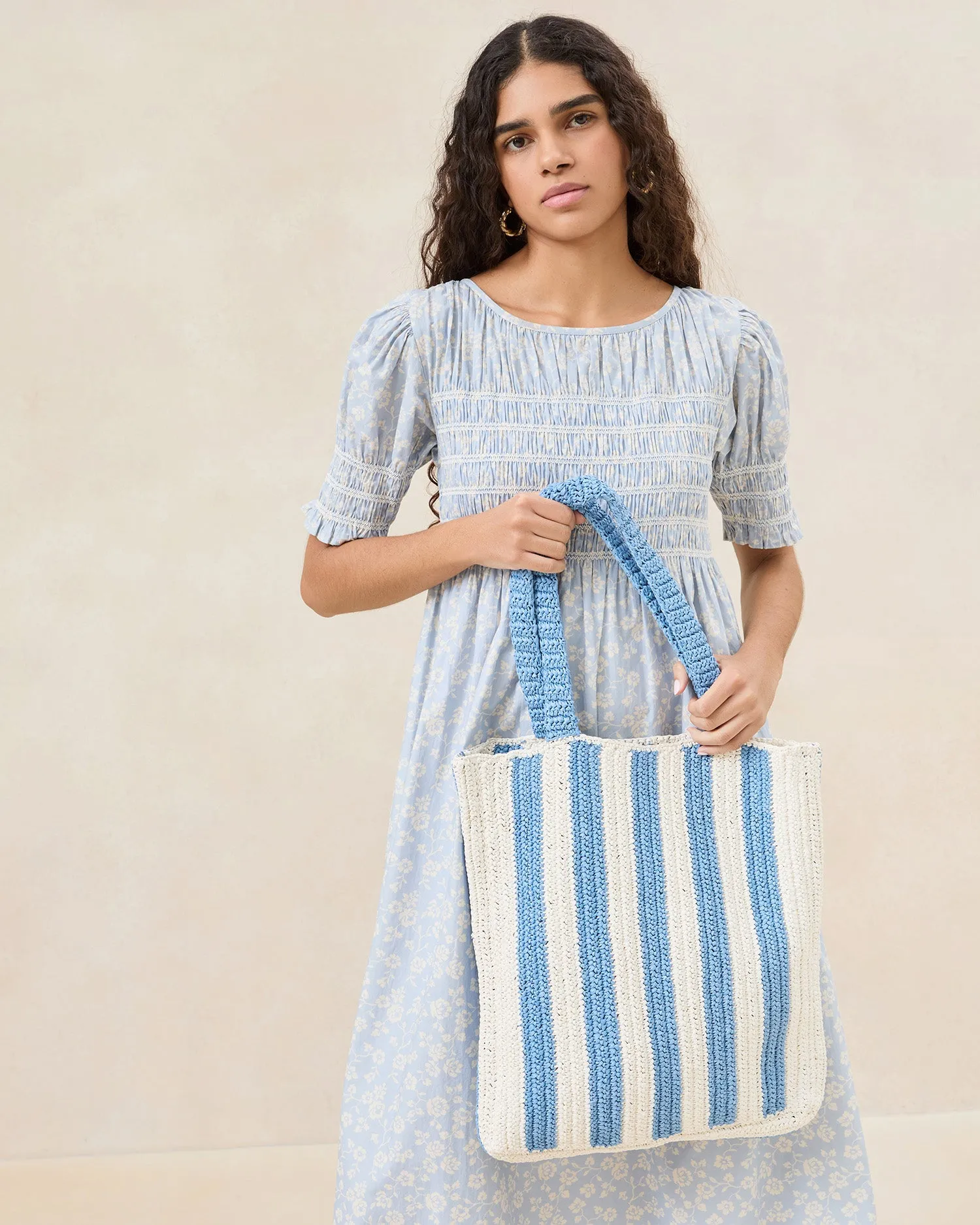 Orion Blue/White Raffia Tote