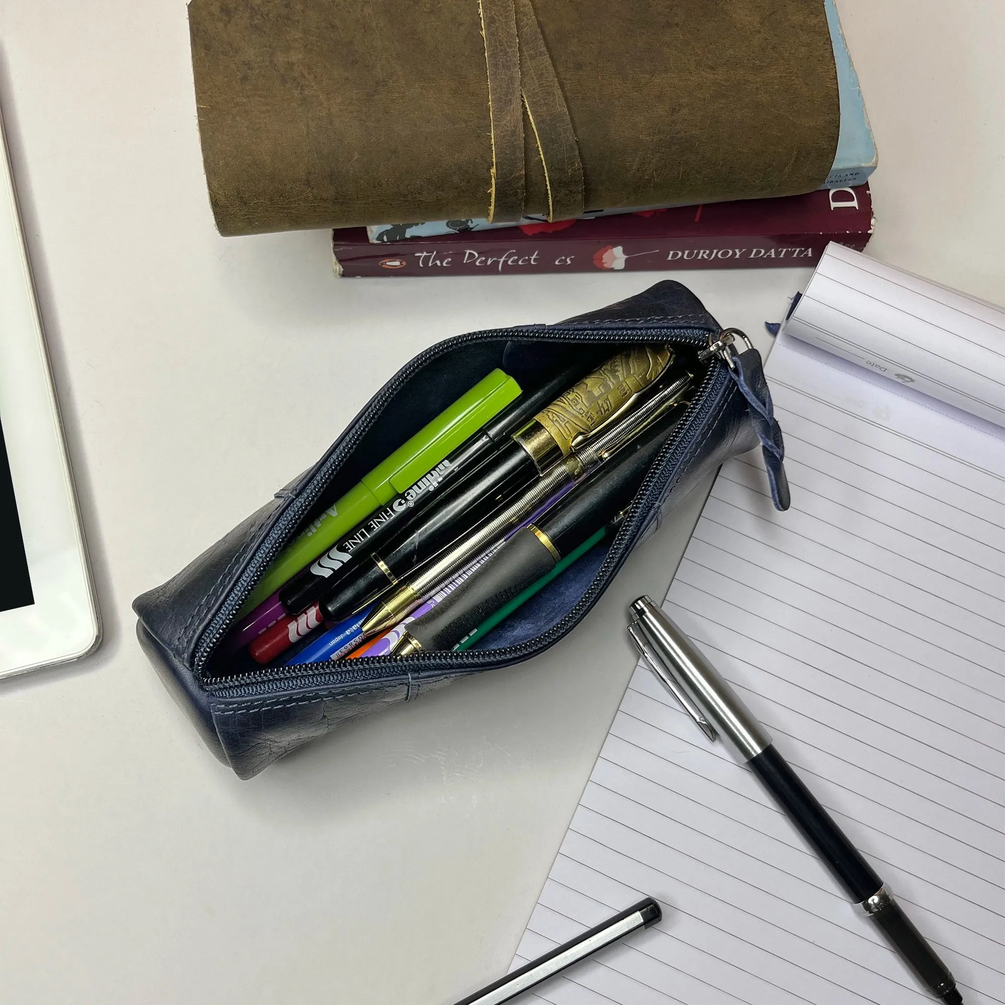 Winnie Leather Zipper Pen Pencil Case (Blue)