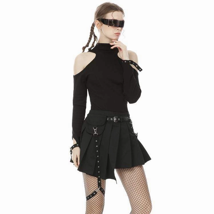 Women's Punk Irregular Hem Pleated Skirts with Waist Bag