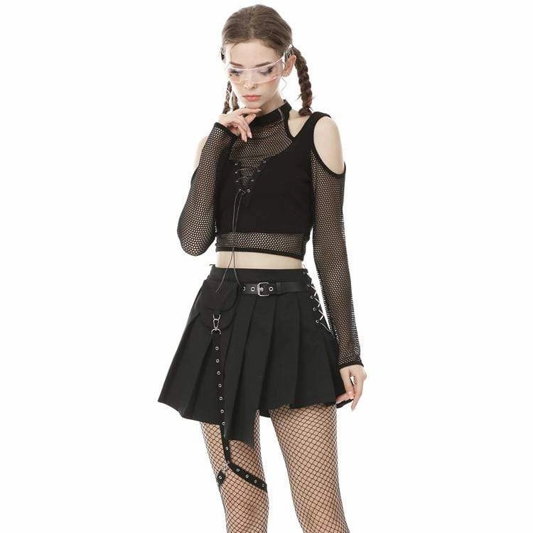 Women's Punk Irregular Hem Pleated Skirts with Waist Bag