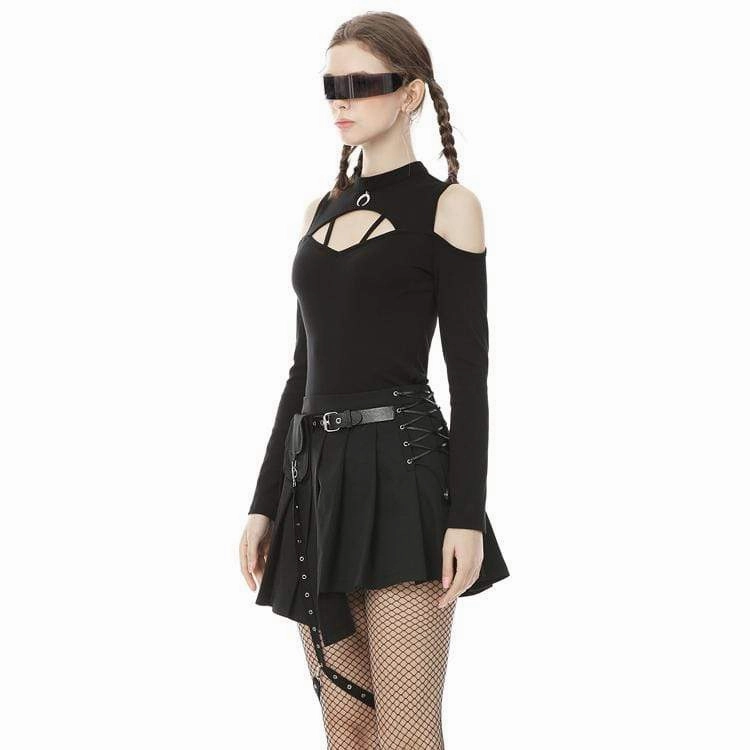 Women's Punk Irregular Hem Pleated Skirts with Waist Bag