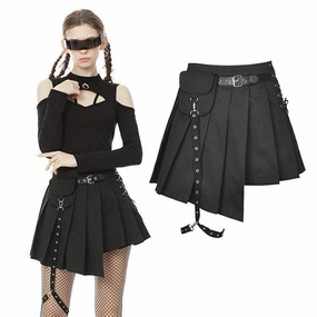 Women's Punk Irregular Hem Pleated Skirts with Waist Bag