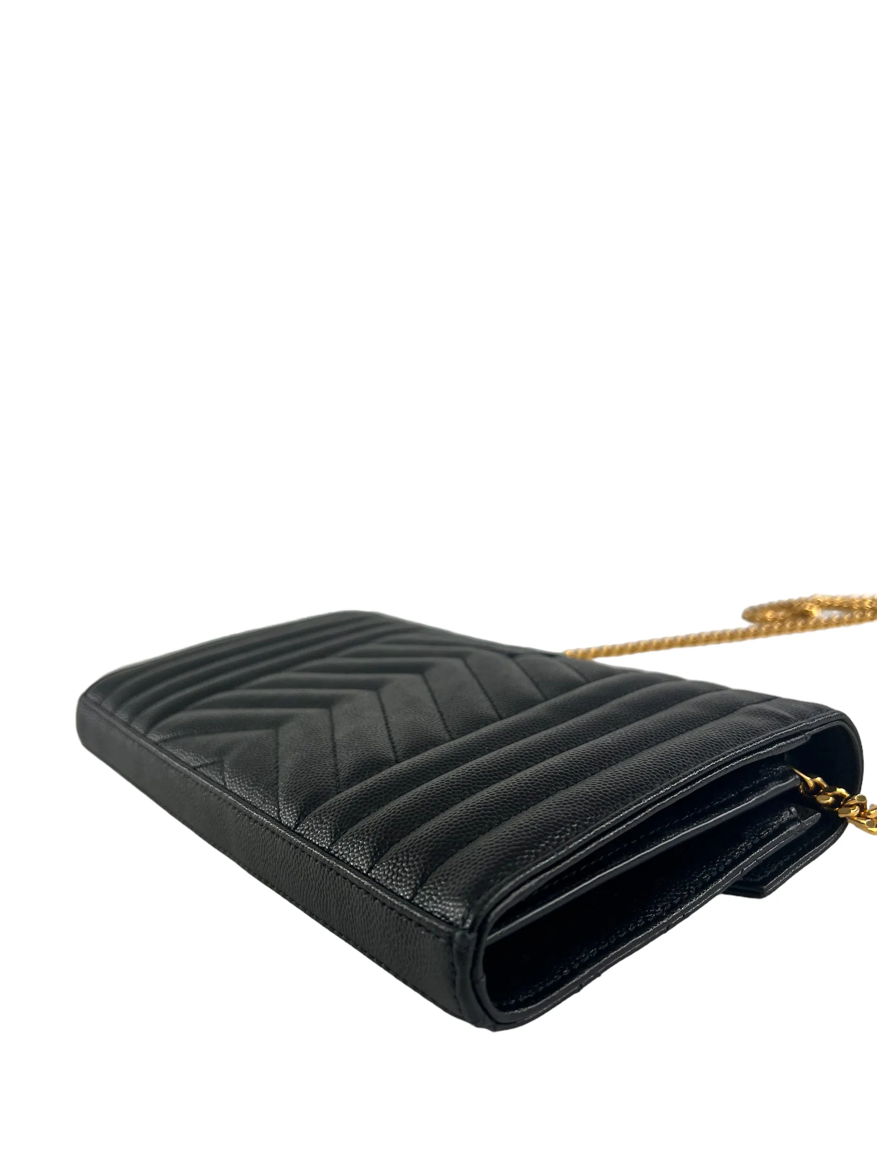 YSL / Saint Laurent Black Envelope Chain Wallet in Mix Matelasse Grain de Poudre Embossed Leather