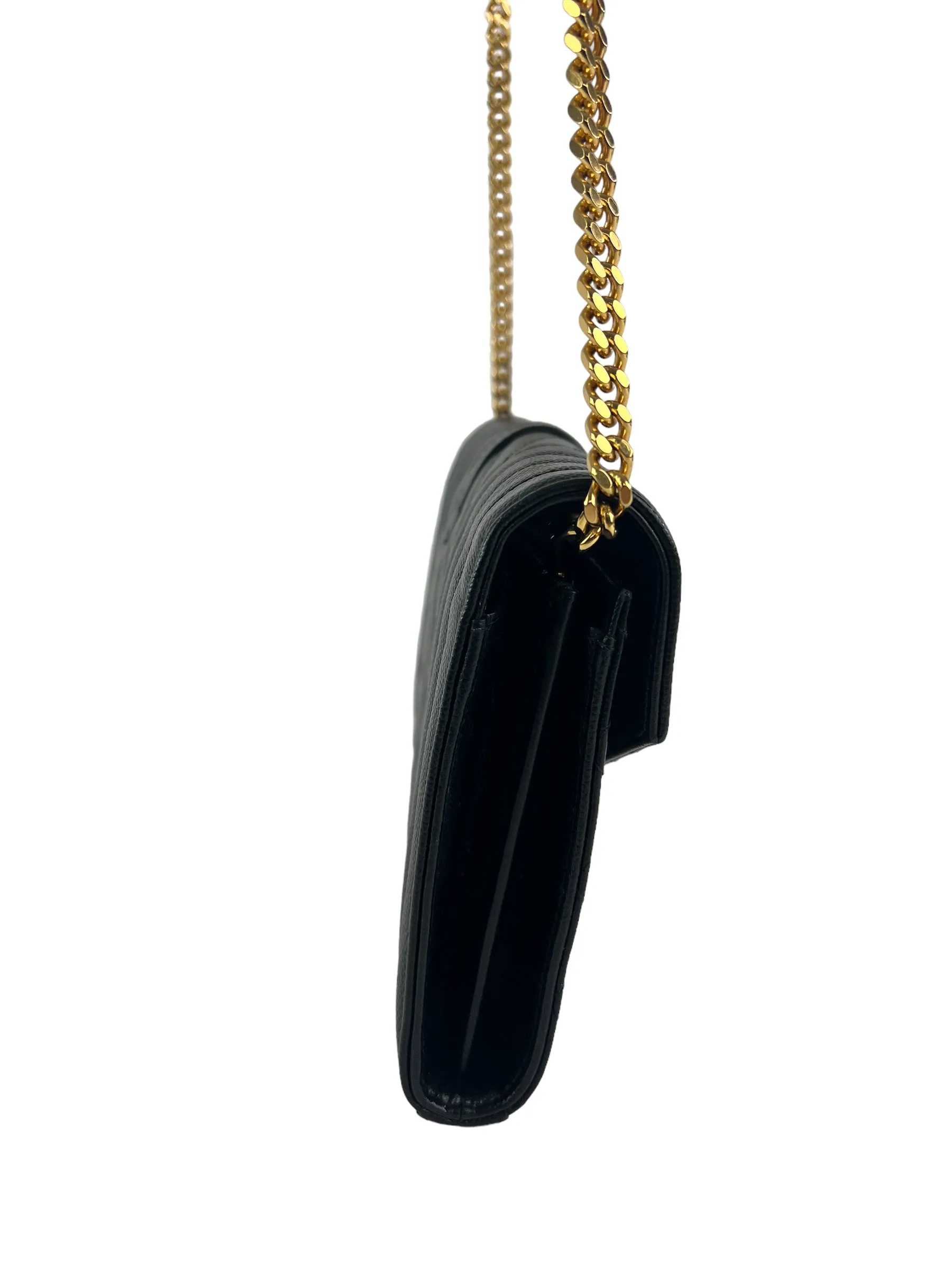 YSL / Saint Laurent Black Envelope Chain Wallet in Mix Matelasse Grain de Poudre Embossed Leather