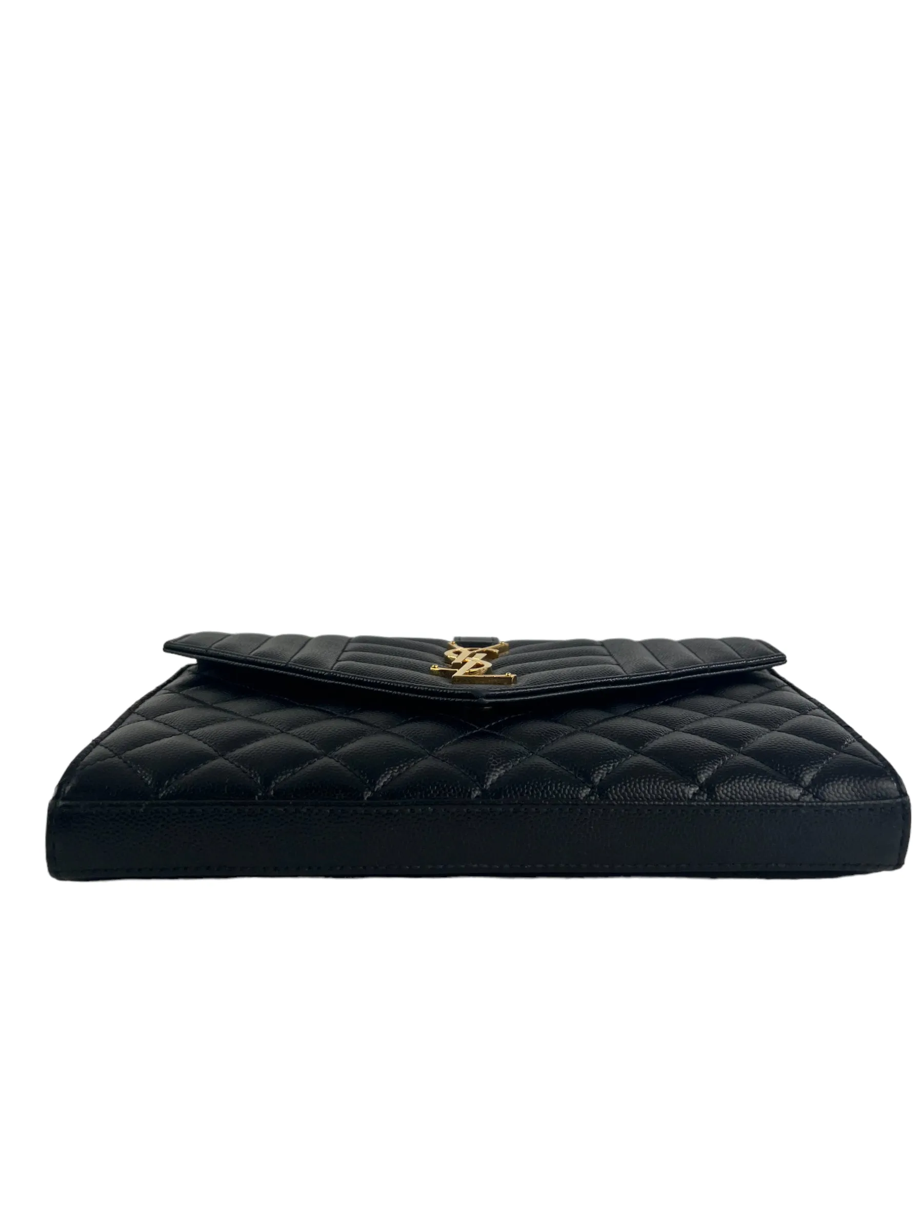 YSL / Saint Laurent Black Envelope Chain Wallet in Mix Matelasse Grain de Poudre Embossed Leather