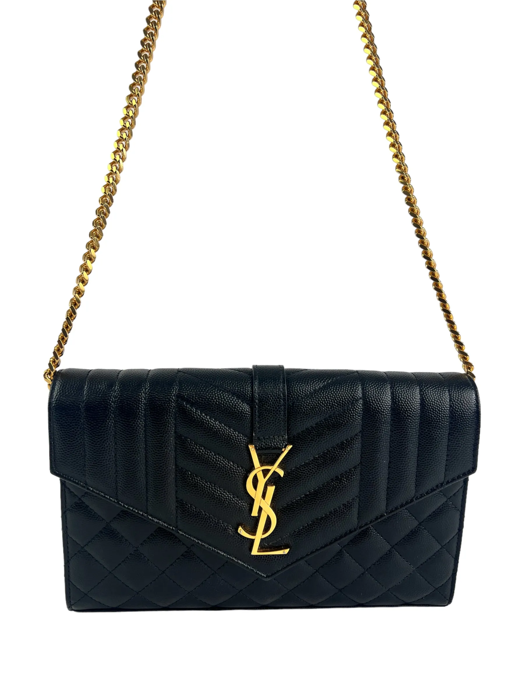 YSL / Saint Laurent Black Envelope Chain Wallet in Mix Matelasse Grain de Poudre Embossed Leather