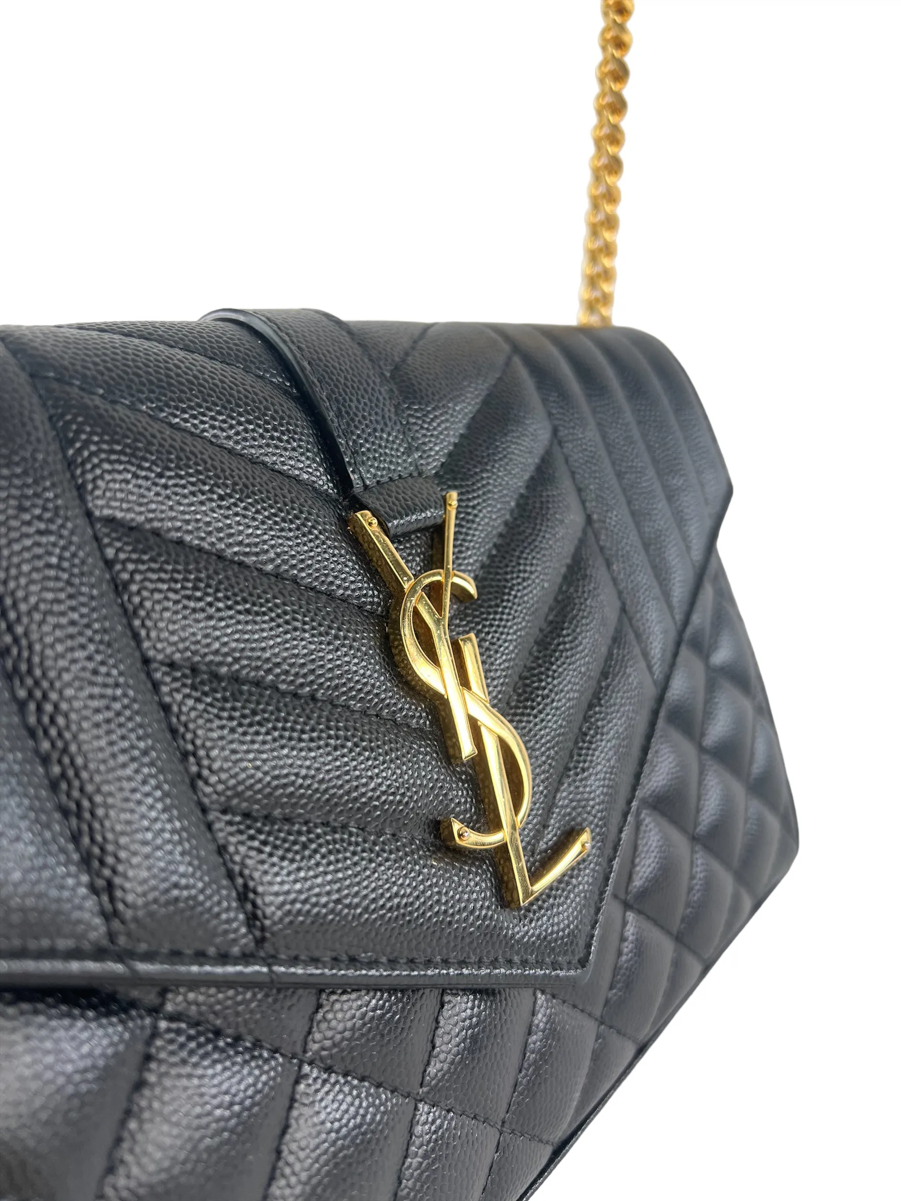 YSL / Saint Laurent Black Envelope Chain Wallet in Mix Matelasse Grain de Poudre Embossed Leather