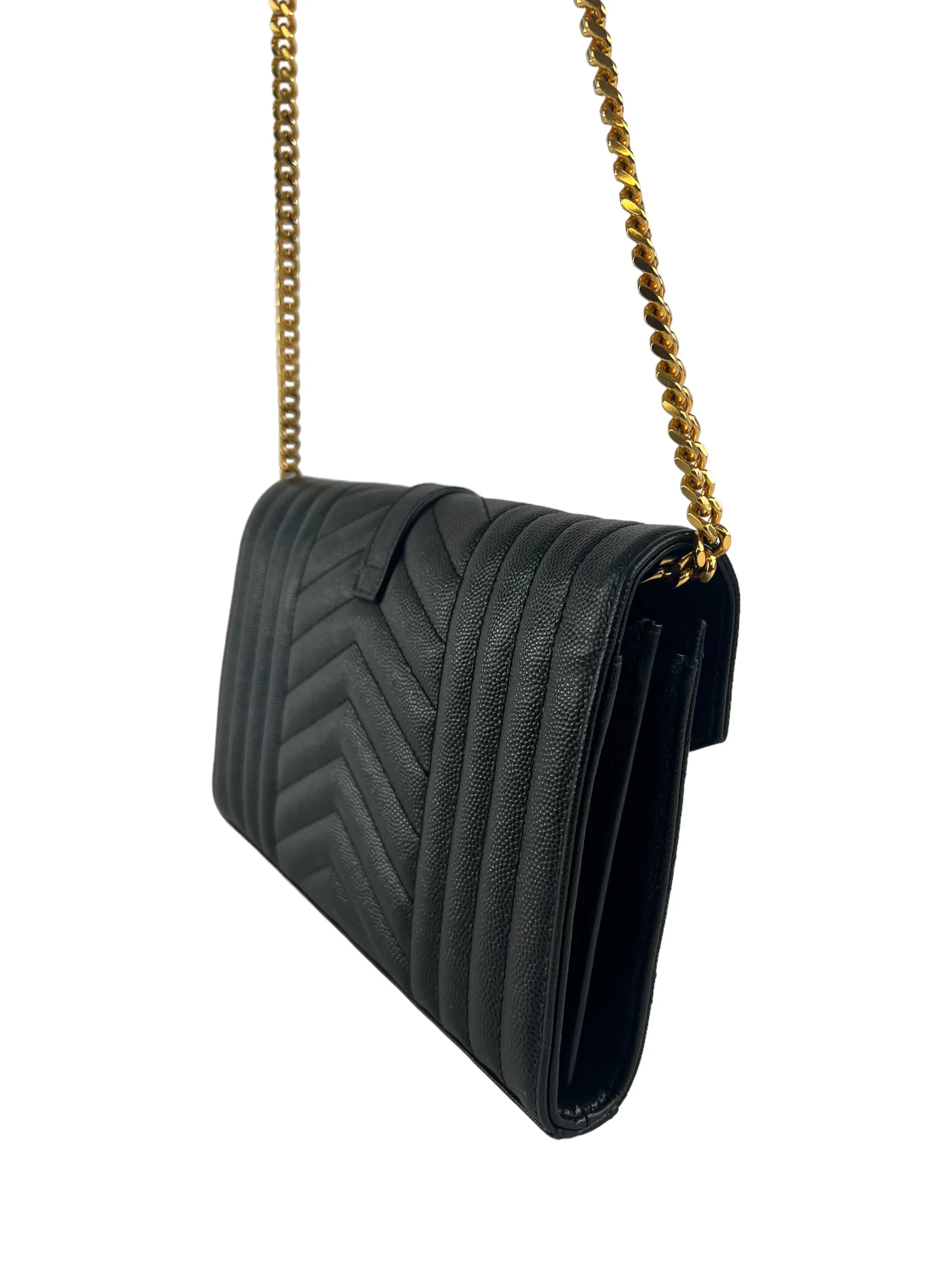 YSL / Saint Laurent Black Envelope Chain Wallet in Mix Matelasse Grain de Poudre Embossed Leather