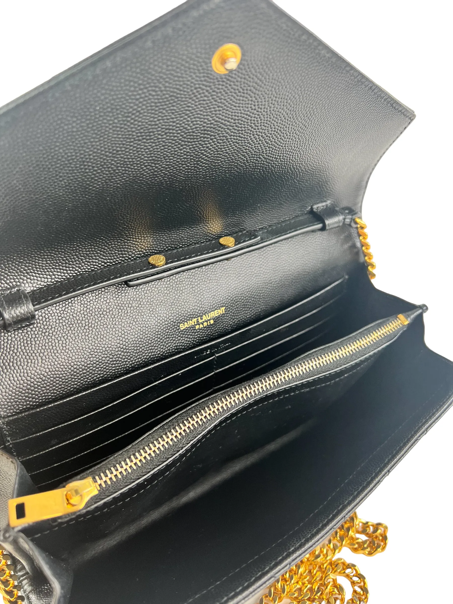 YSL / Saint Laurent Black Envelope Chain Wallet in Mix Matelasse Grain de Poudre Embossed Leather