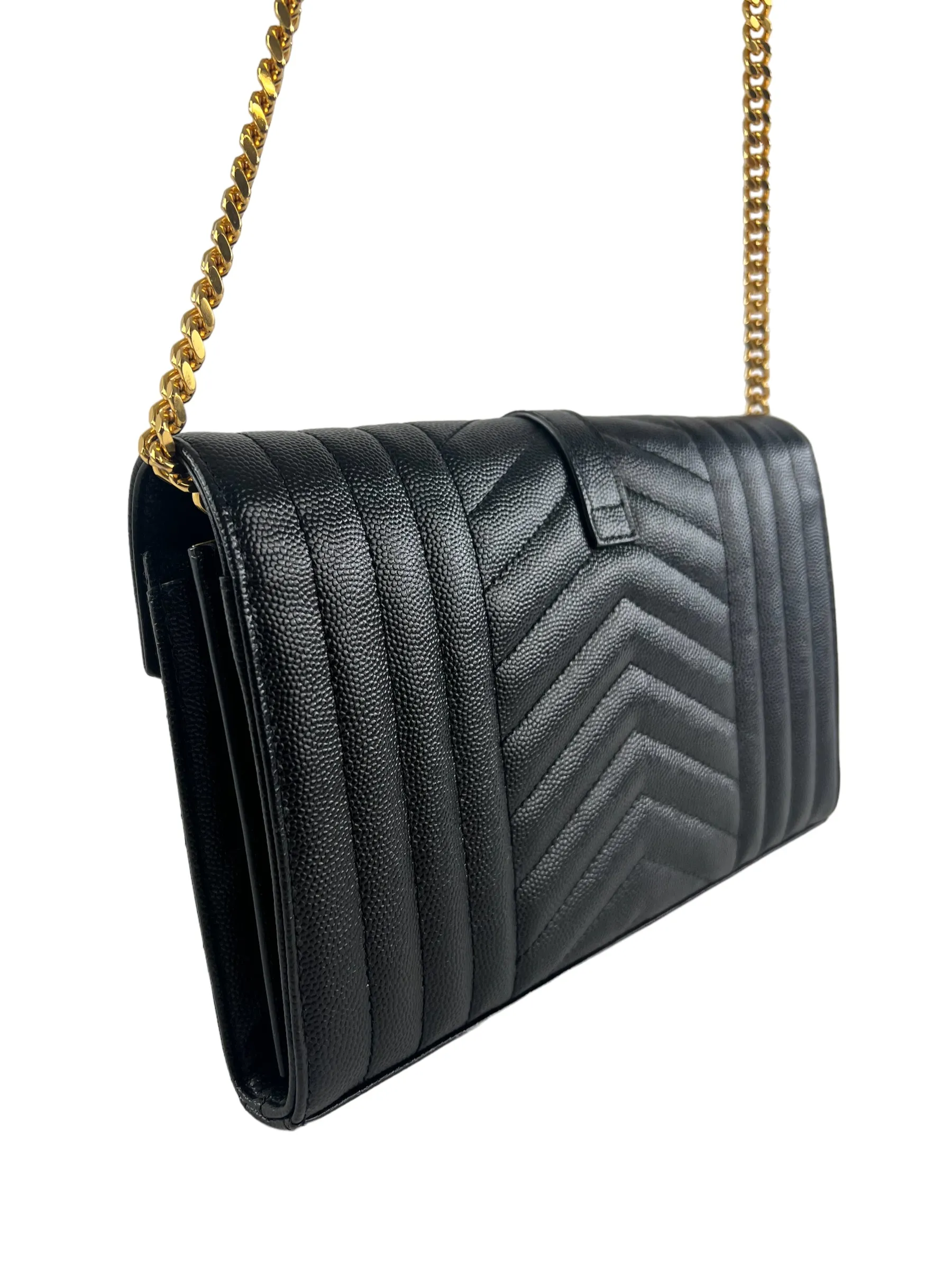YSL / Saint Laurent Black Envelope Chain Wallet in Mix Matelasse Grain de Poudre Embossed Leather