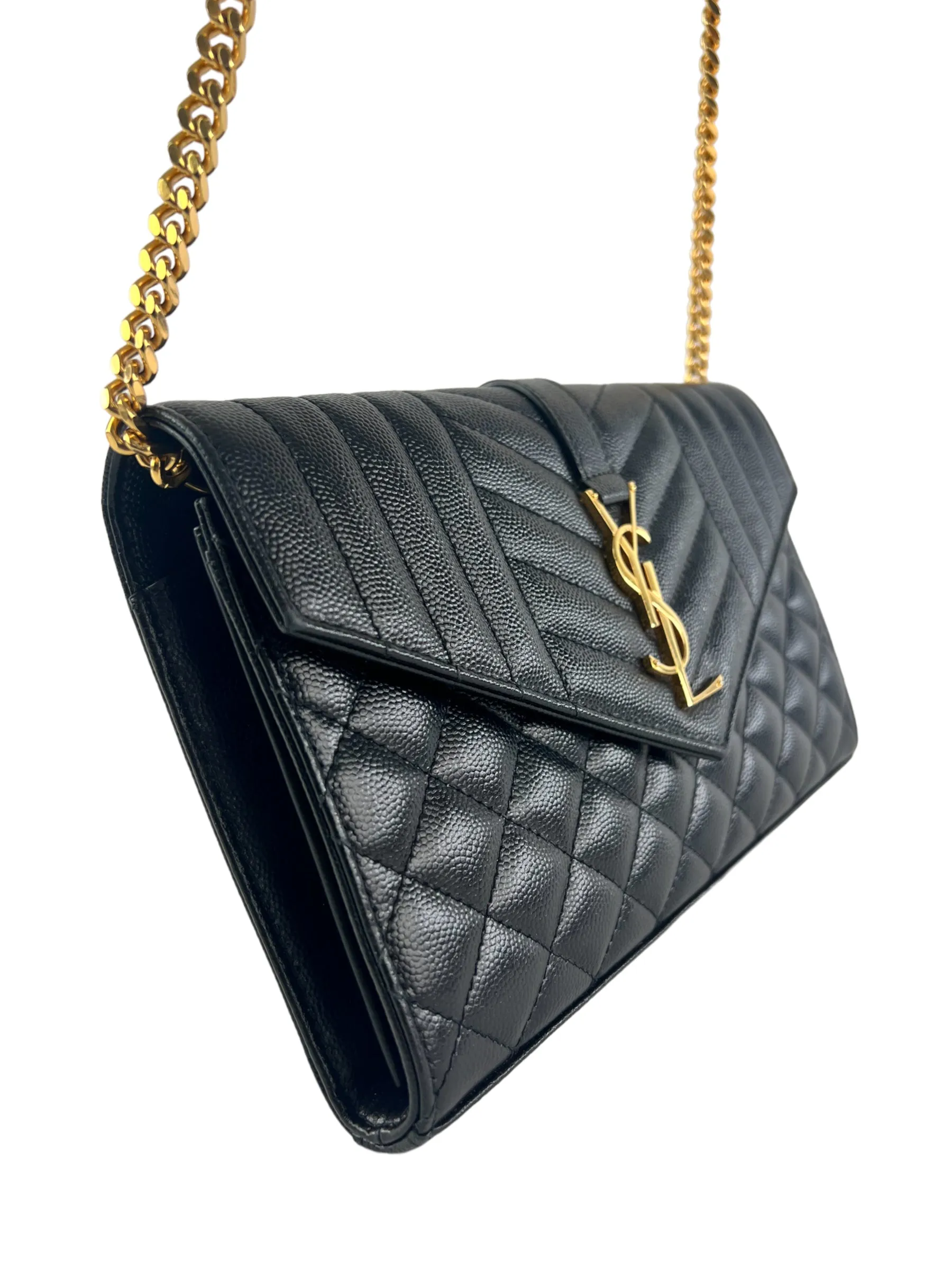 YSL / Saint Laurent Black Envelope Chain Wallet in Mix Matelasse Grain de Poudre Embossed Leather