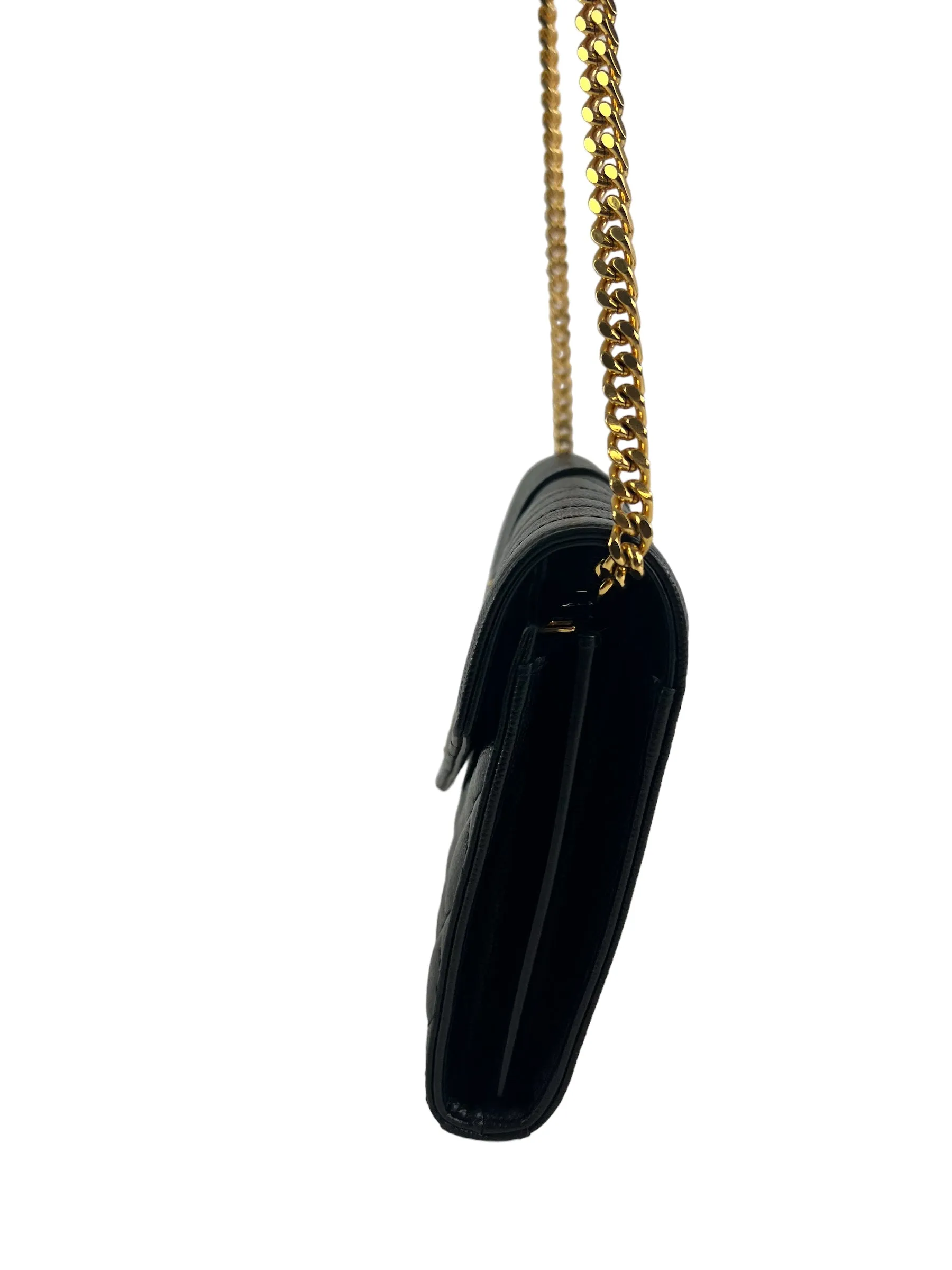 YSL / Saint Laurent Black Envelope Chain Wallet in Mix Matelasse Grain de Poudre Embossed Leather