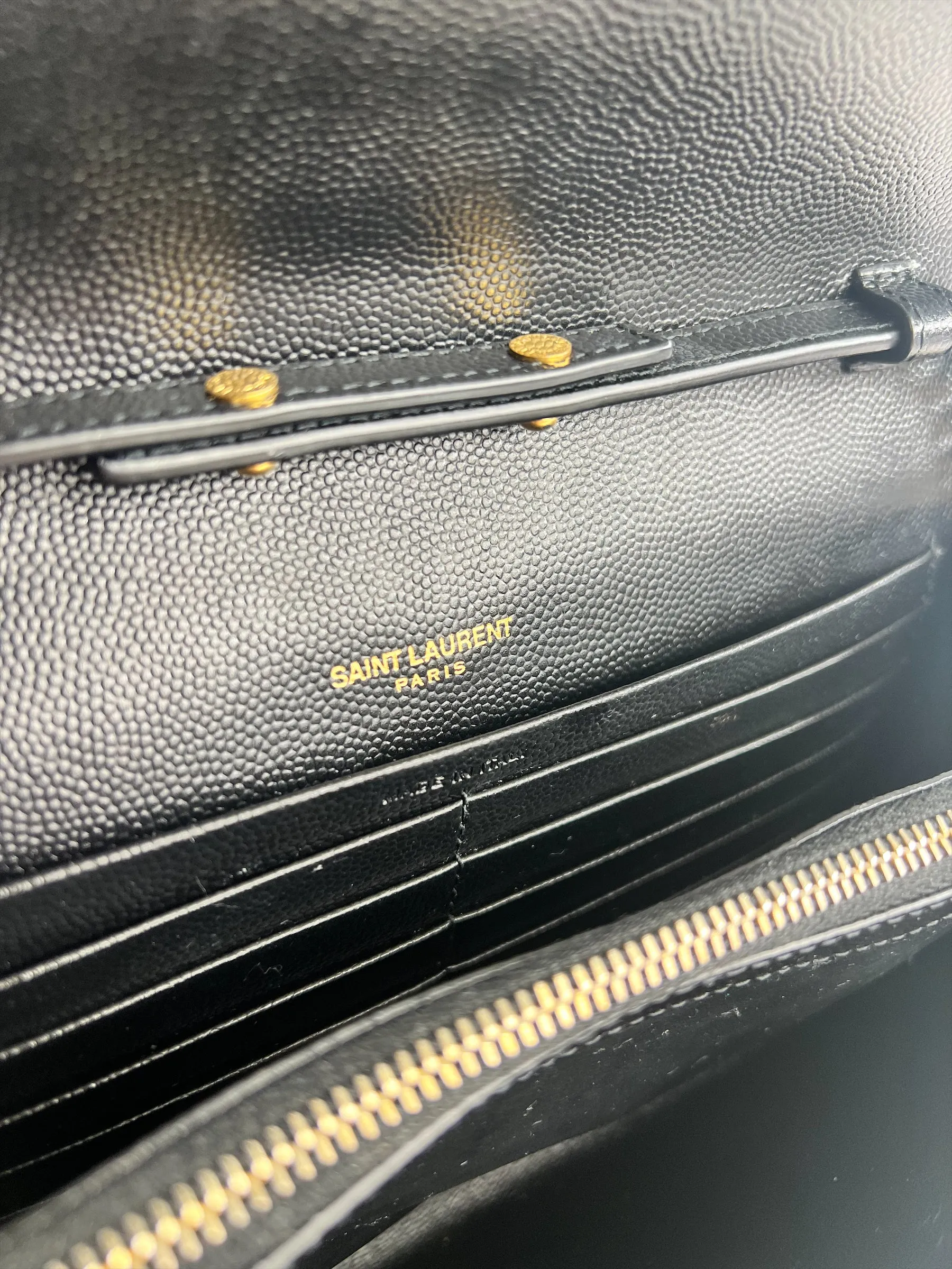 YSL / Saint Laurent Black Envelope Chain Wallet in Mix Matelasse Grain de Poudre Embossed Leather
