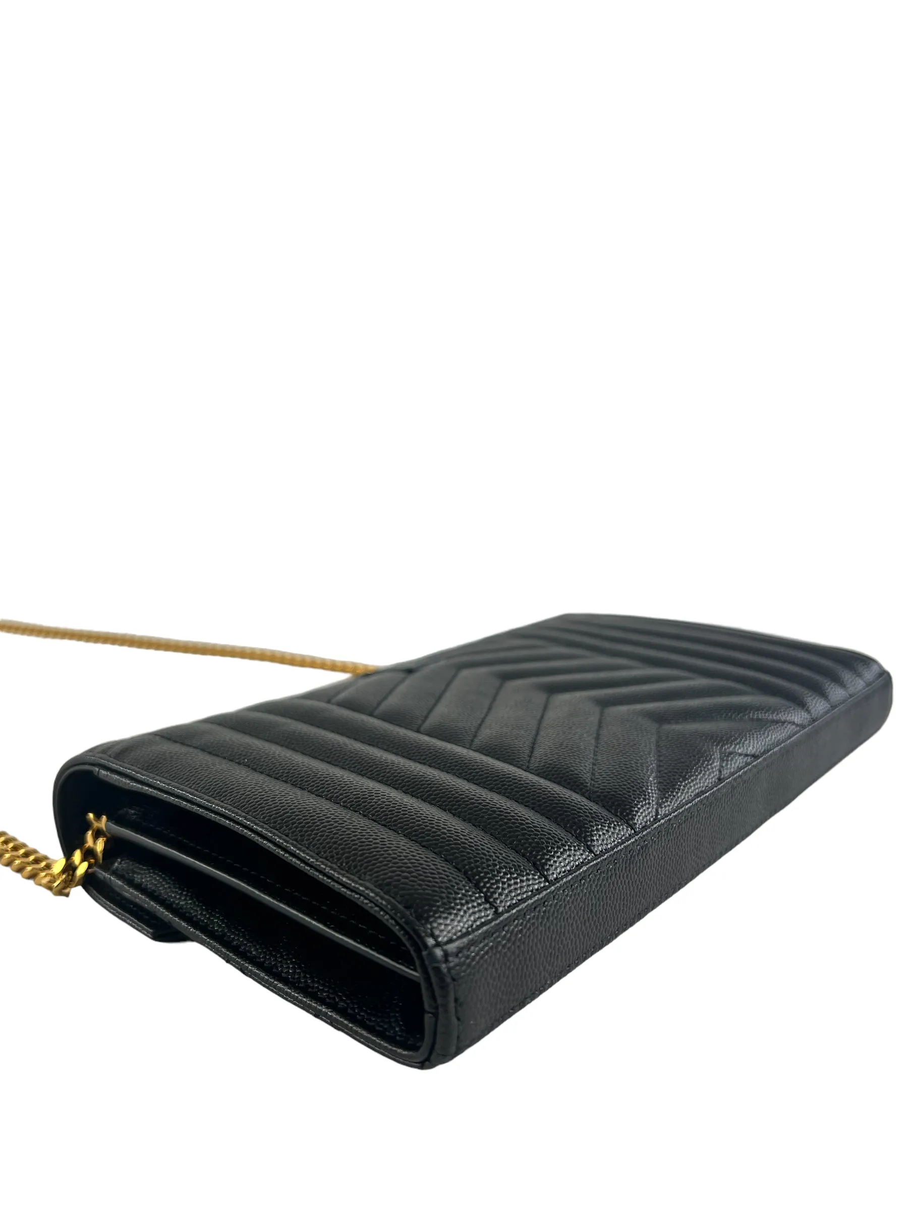 YSL / Saint Laurent Black Envelope Chain Wallet in Mix Matelasse Grain de Poudre Embossed Leather