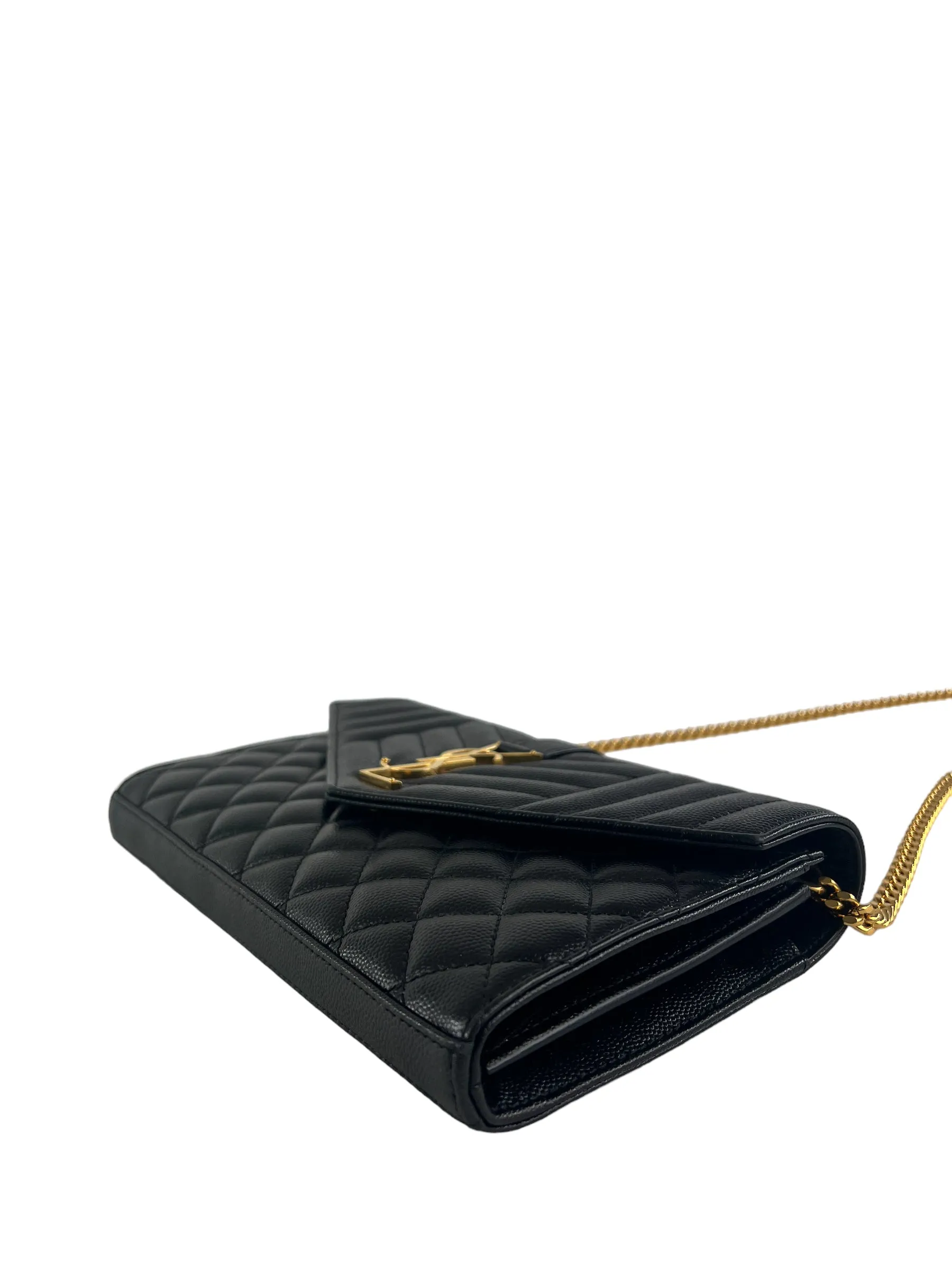 YSL / Saint Laurent Black Envelope Chain Wallet in Mix Matelasse Grain de Poudre Embossed Leather