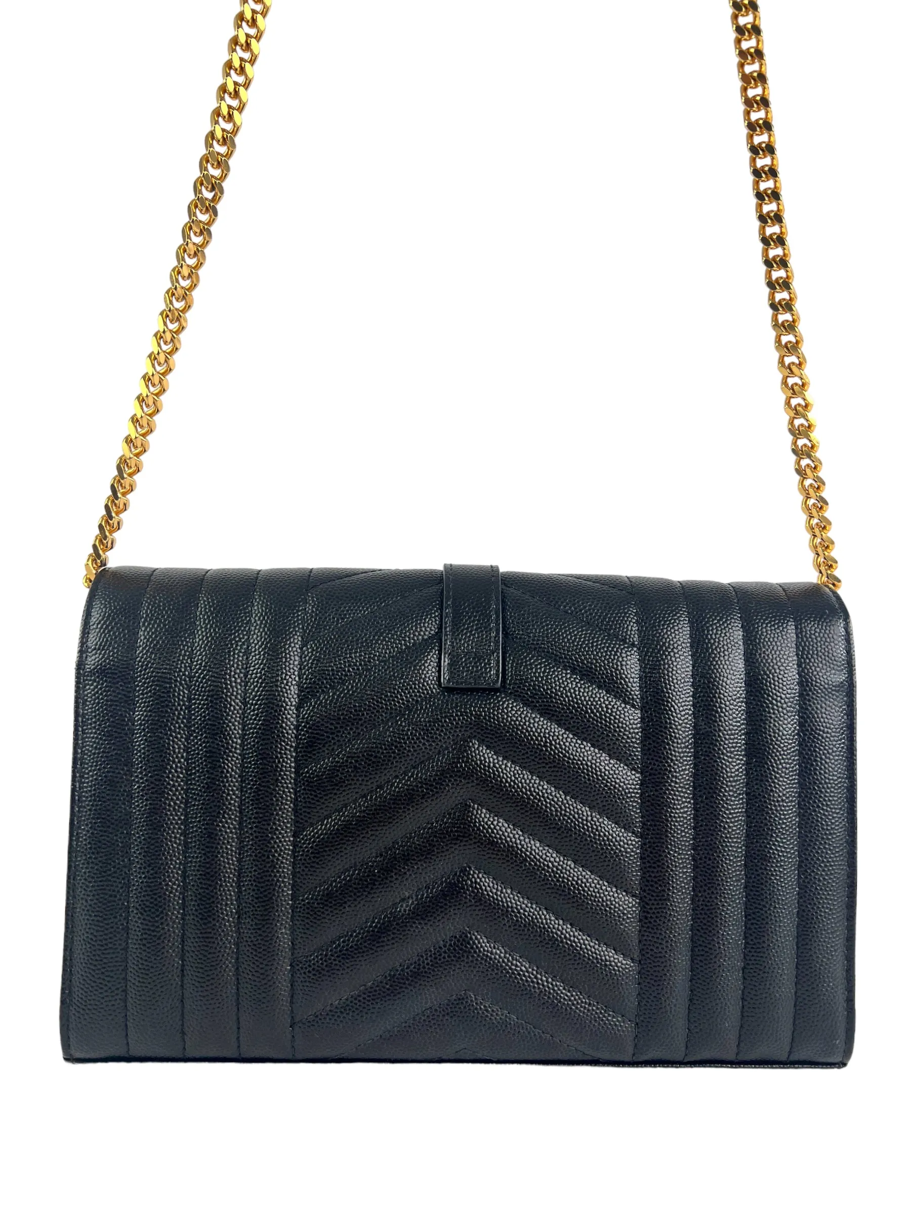 YSL / Saint Laurent Black Envelope Chain Wallet in Mix Matelasse Grain de Poudre Embossed Leather